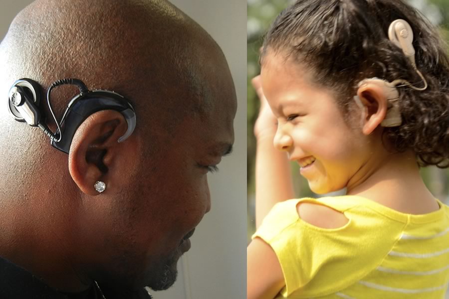 An adult and a pediatric patient showing off their cochlear implant technology.