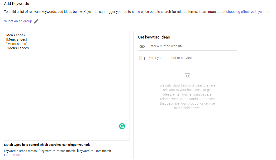 Keyword match types