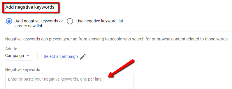 negative keyword list