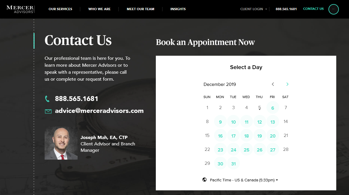 Calendar Booking Tool Example (MercerAdvisors.com)