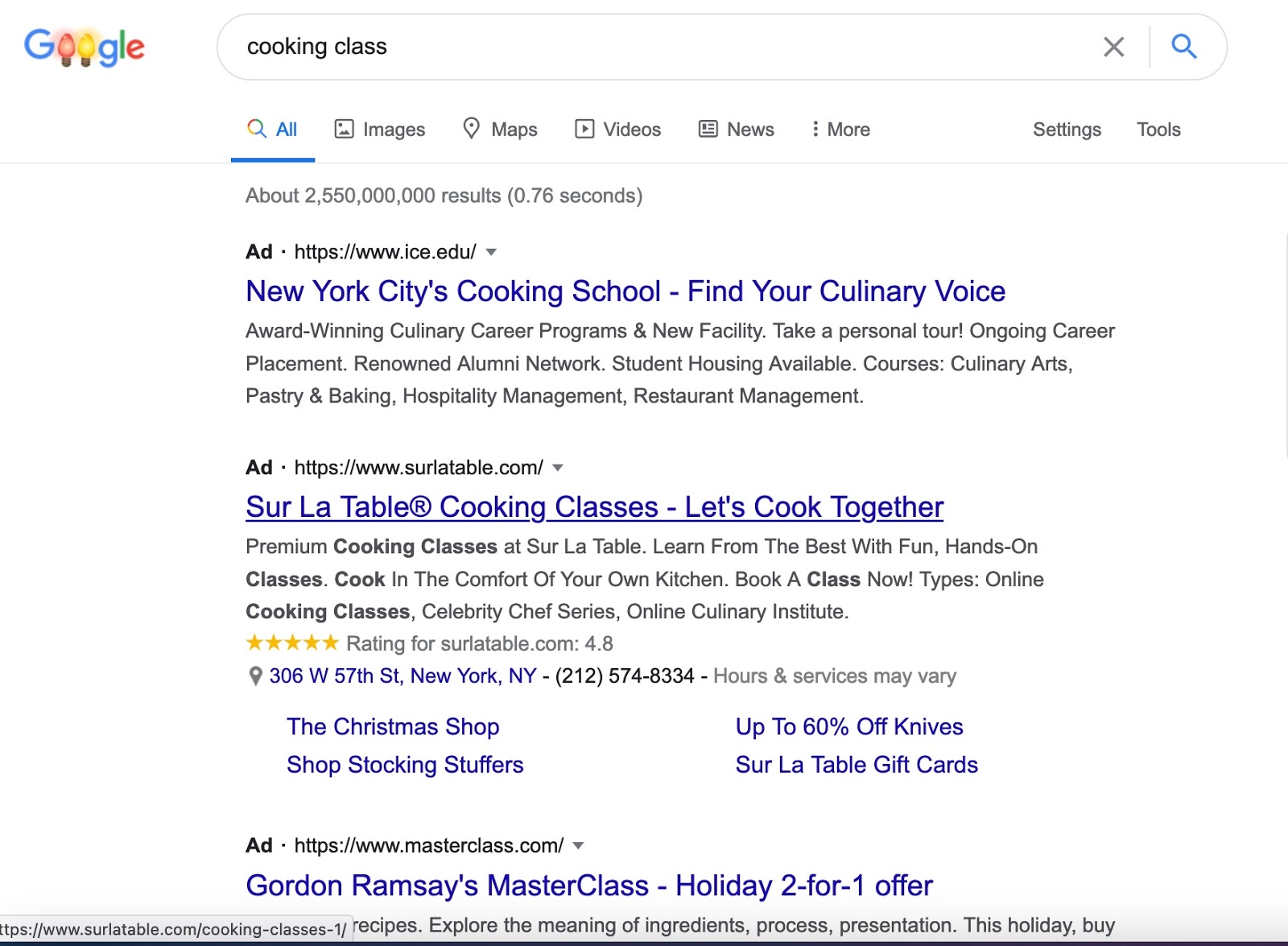 Organic search traffic for cooking classes