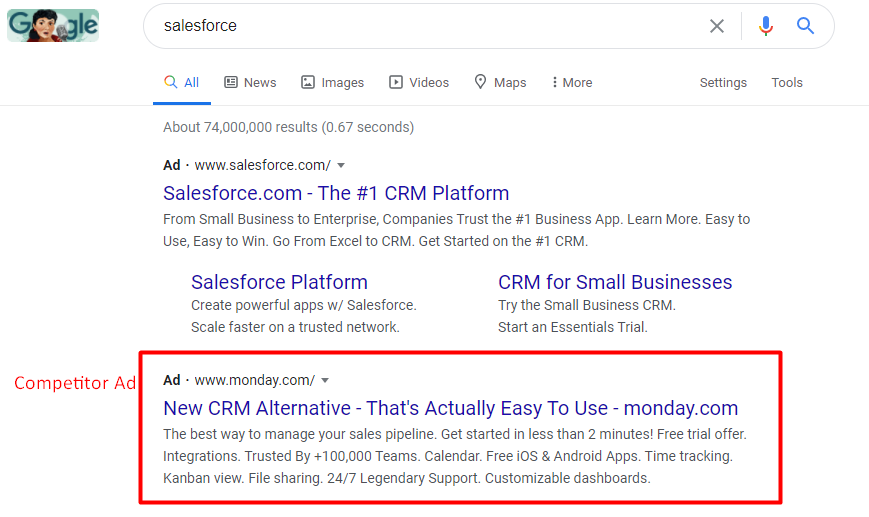 Example: Monday.com bids against Salesforce with Google Ads