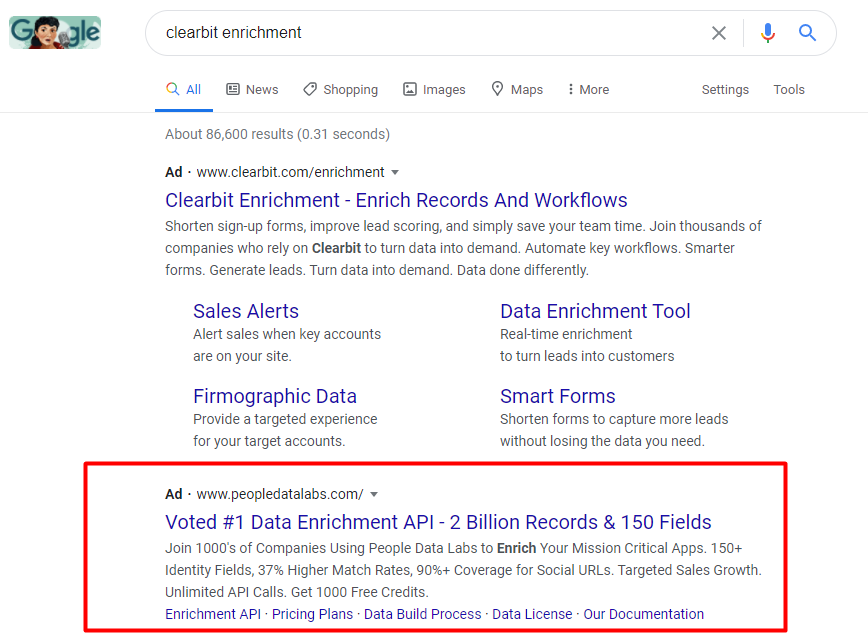 PeopleDataLabs highlights their competitive advantage against Clearbit