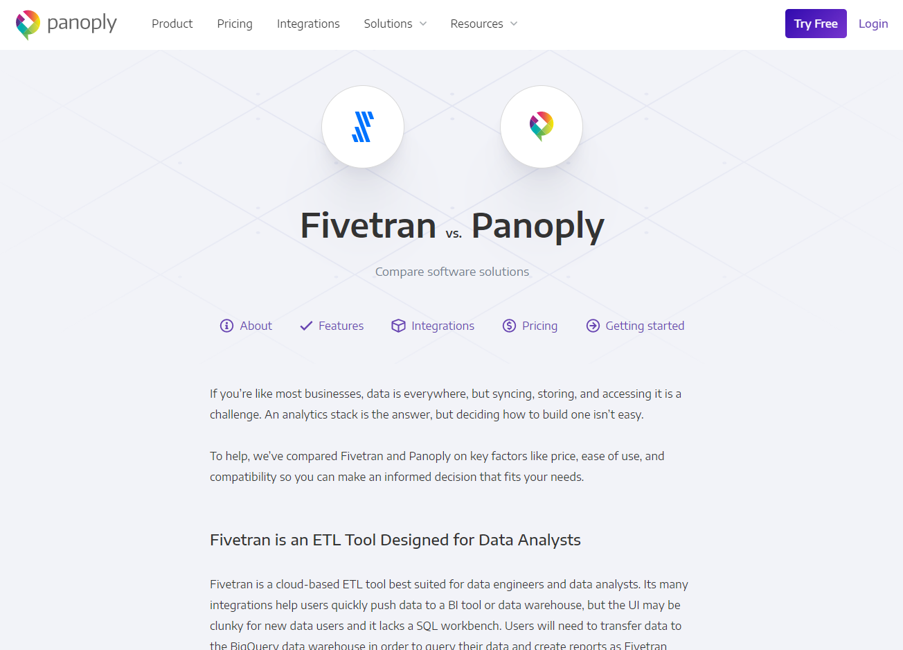 Panoply vs Fivetran landing page example