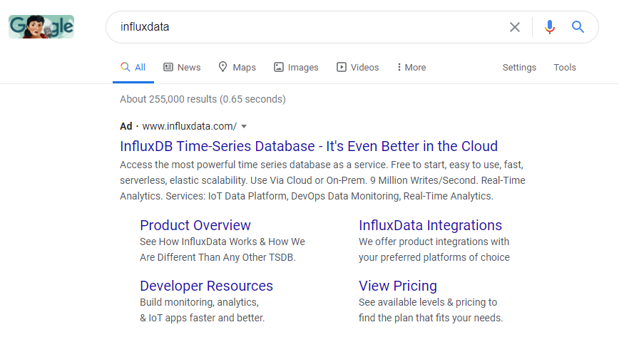 Influxdata uses branded ads to protect their own brand traffic