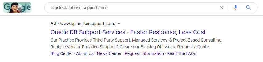 Spinnaker highlights their lower cost for Oracle support in their competitor ad copy