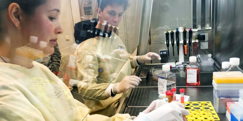 Simone Mester mentoring students in the lab.