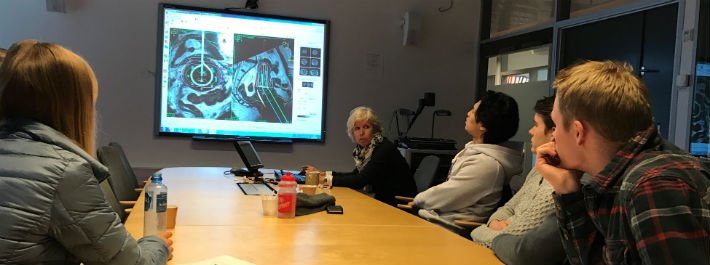 The physicist Taran Hellebust Paulsen explains to Kristian Novsett Borgen, Aurora Opheim Sauar, Edvard Dybevold Hesle, Alexander Lu, Trym Overrein Lunde and Tuva Askman Nærby about the use of radiation in cancer therapy. Photo: Elisabeth Kirkeng Andersen