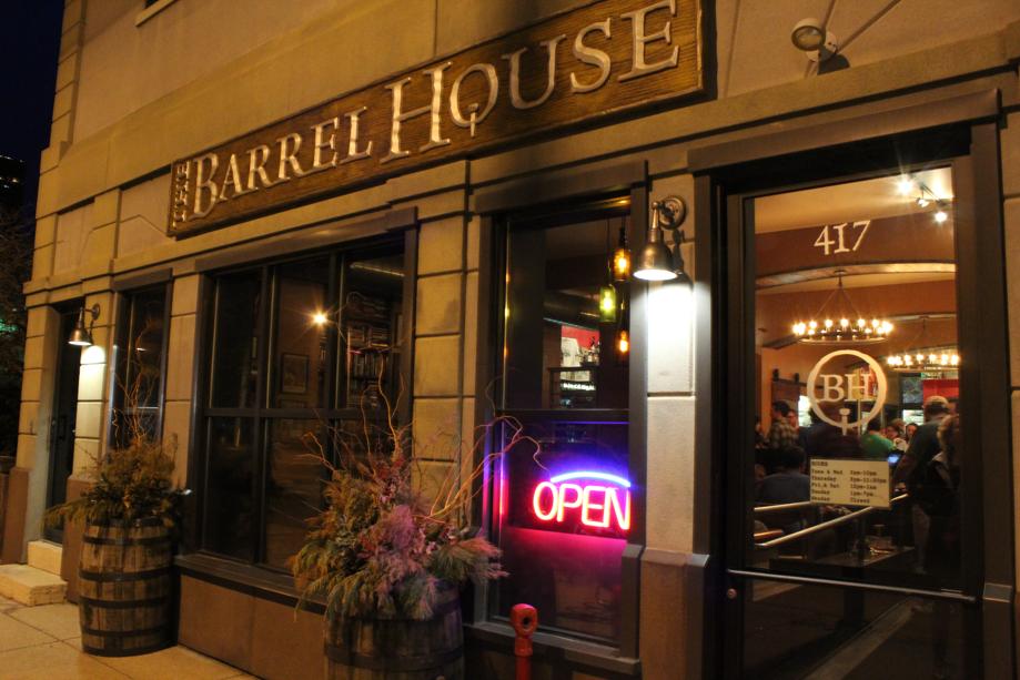 Barrel House exterior, with two barrels out front