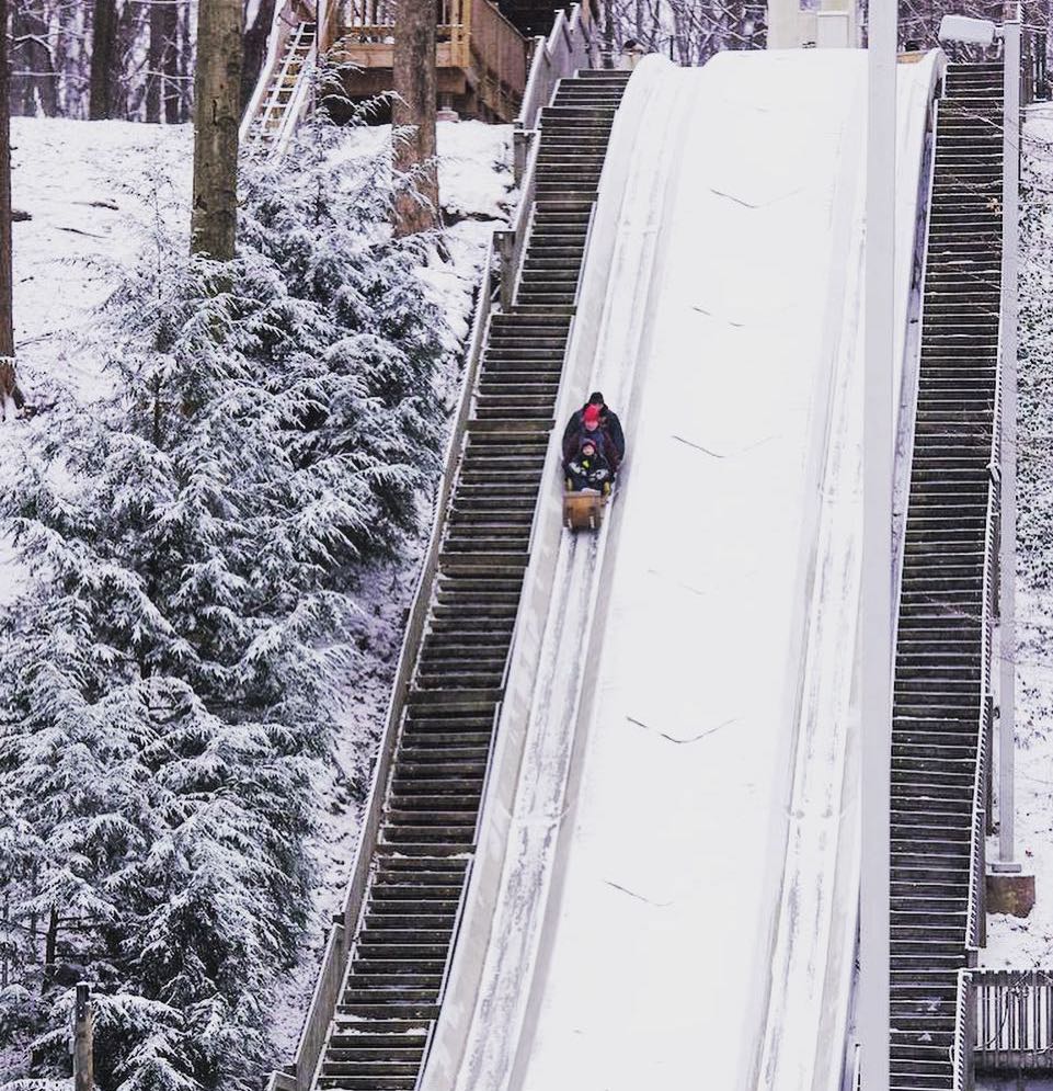 people riding down Strongsville Toboggan Chutes in the snow