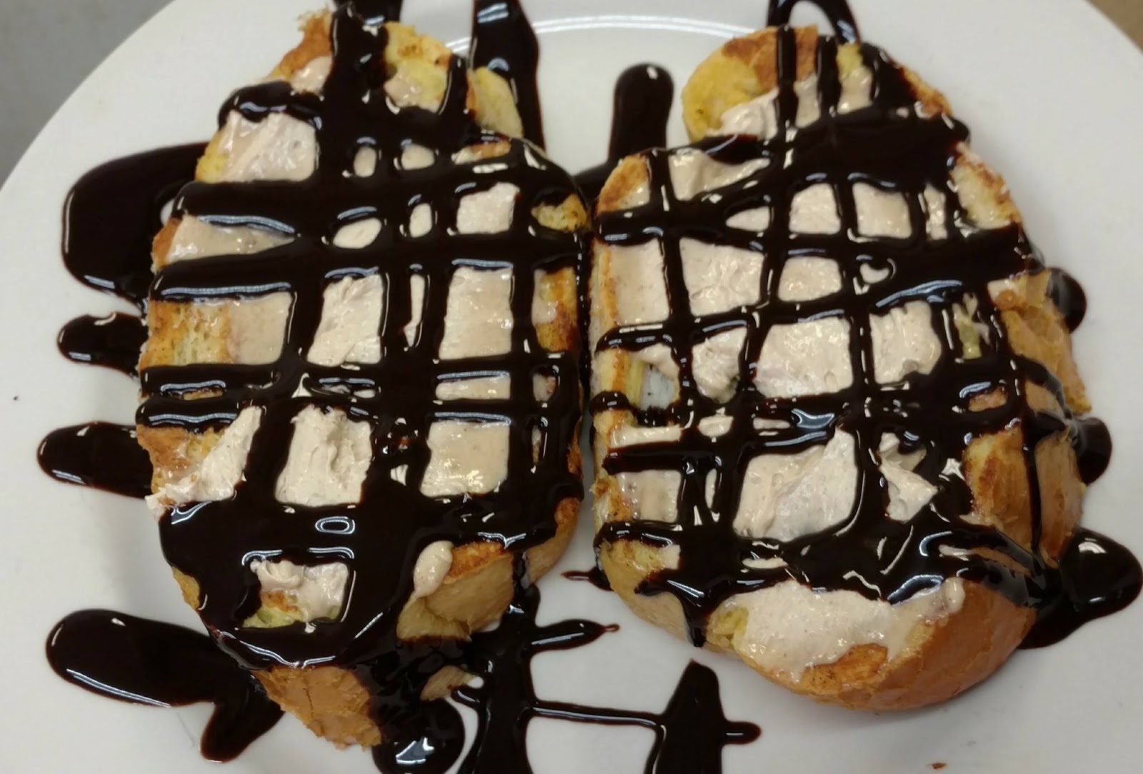 Peanut butter french toast drizzled in chocolate