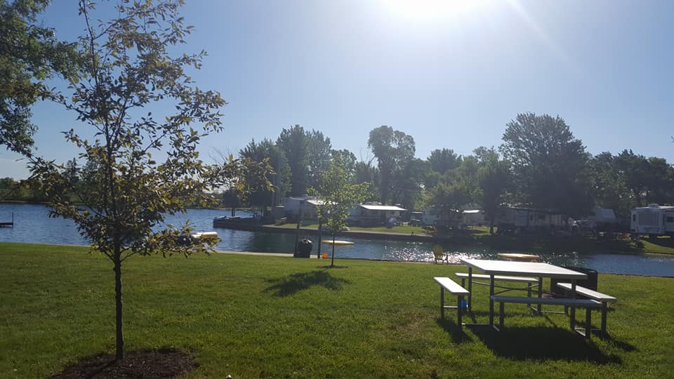 picnic table with Lake Cody in background