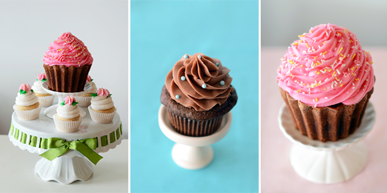 three colorful cupcakes