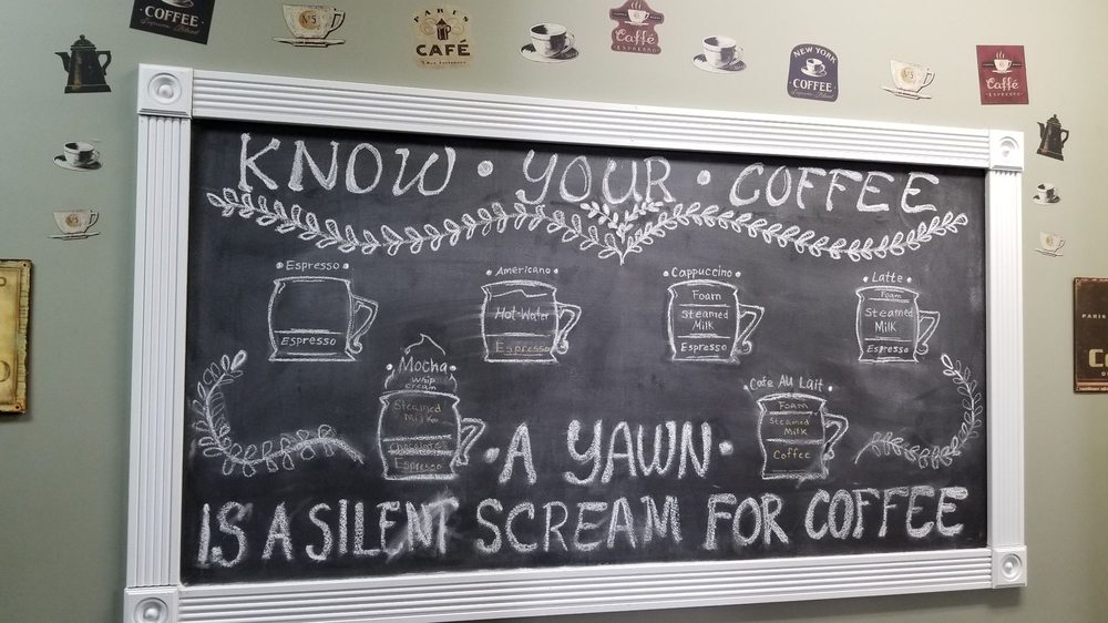 The blackboard at Scioto Valley Coffee, decorated with different types of coffee