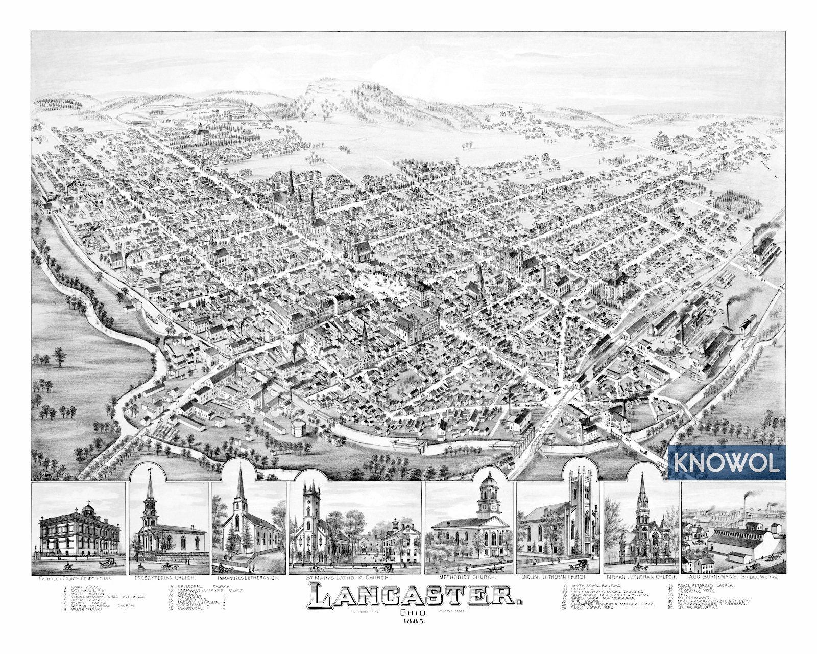 a black and white historic map of lancaster, OH