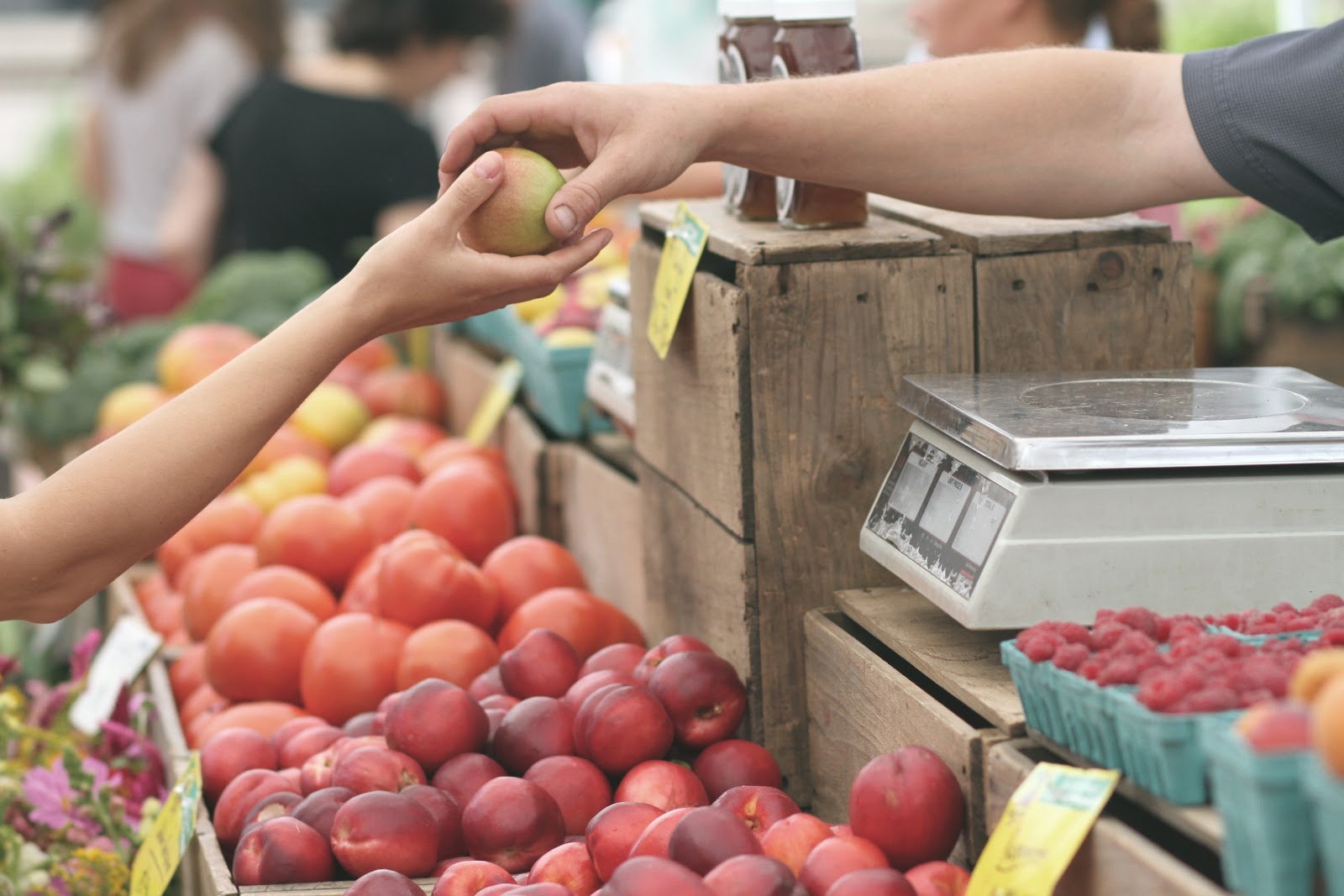 various fruit at market, with one person handing another an apple