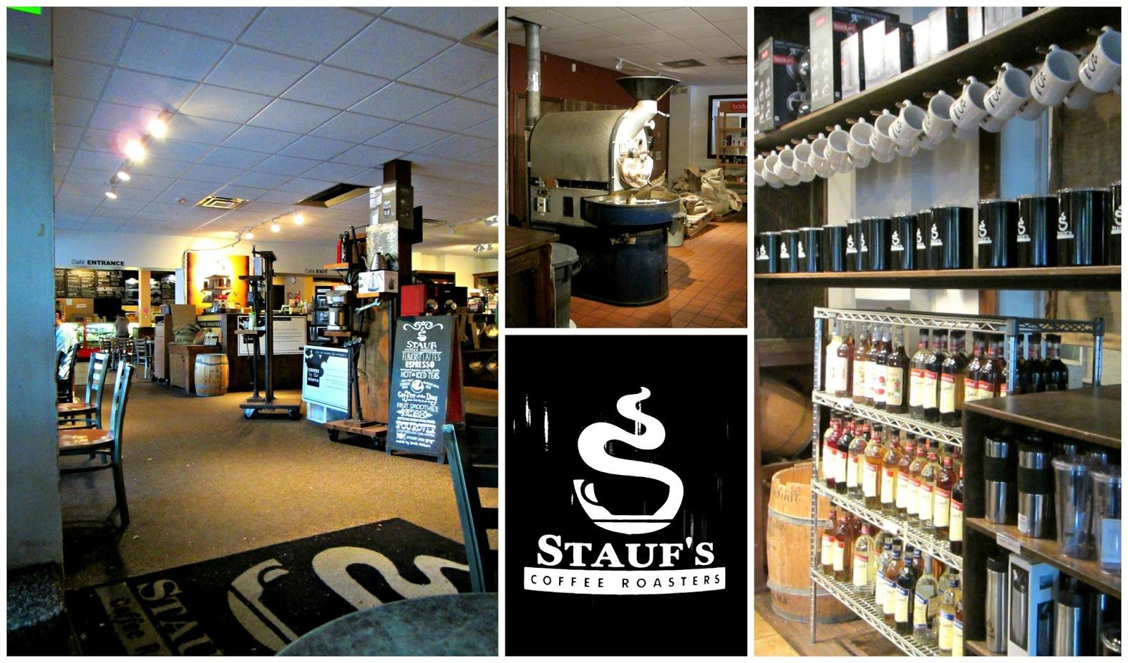a few different shots of Stauf's Coffee Roasters interior