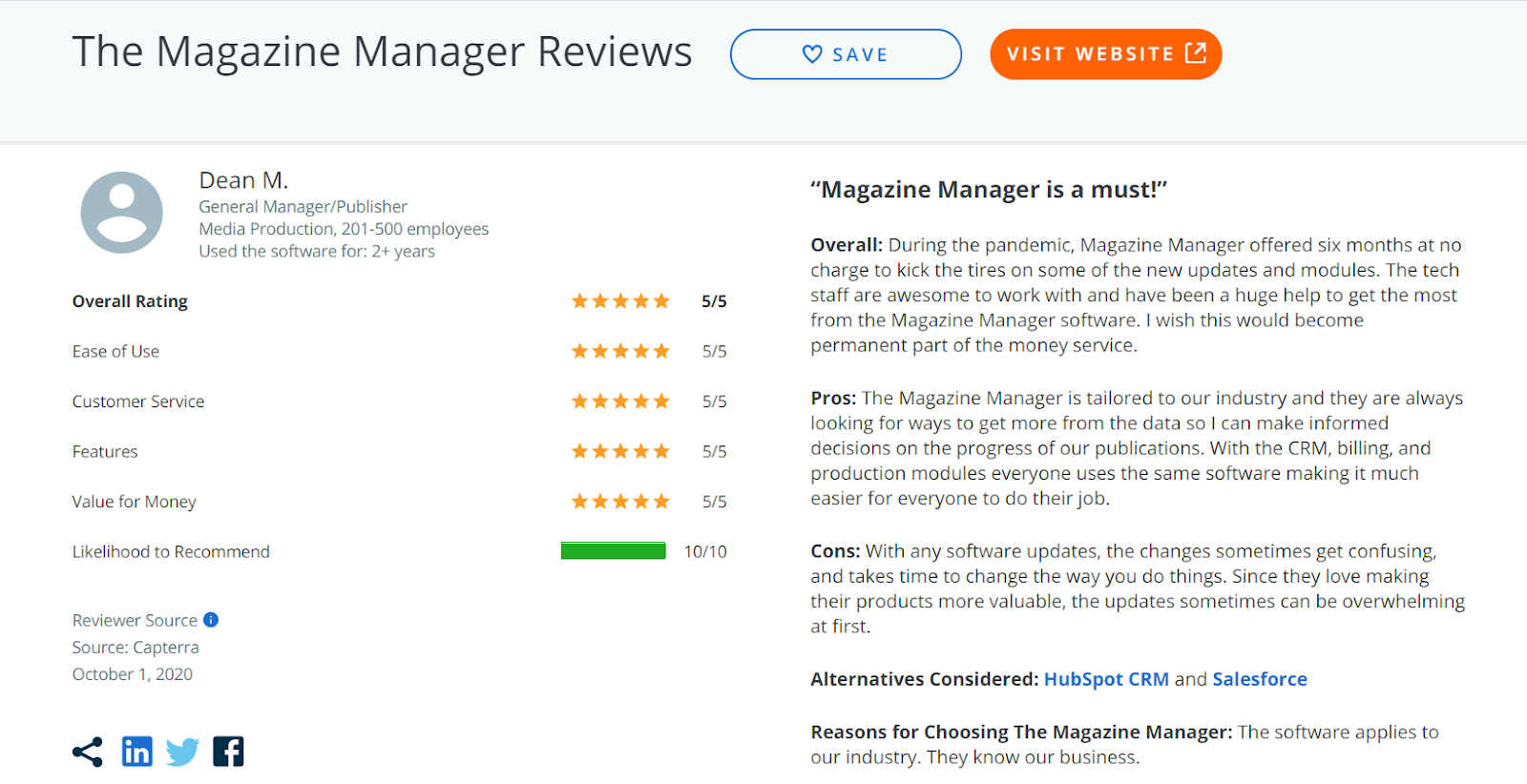 An example review of The Magazine Manager from Capterra, a product review site