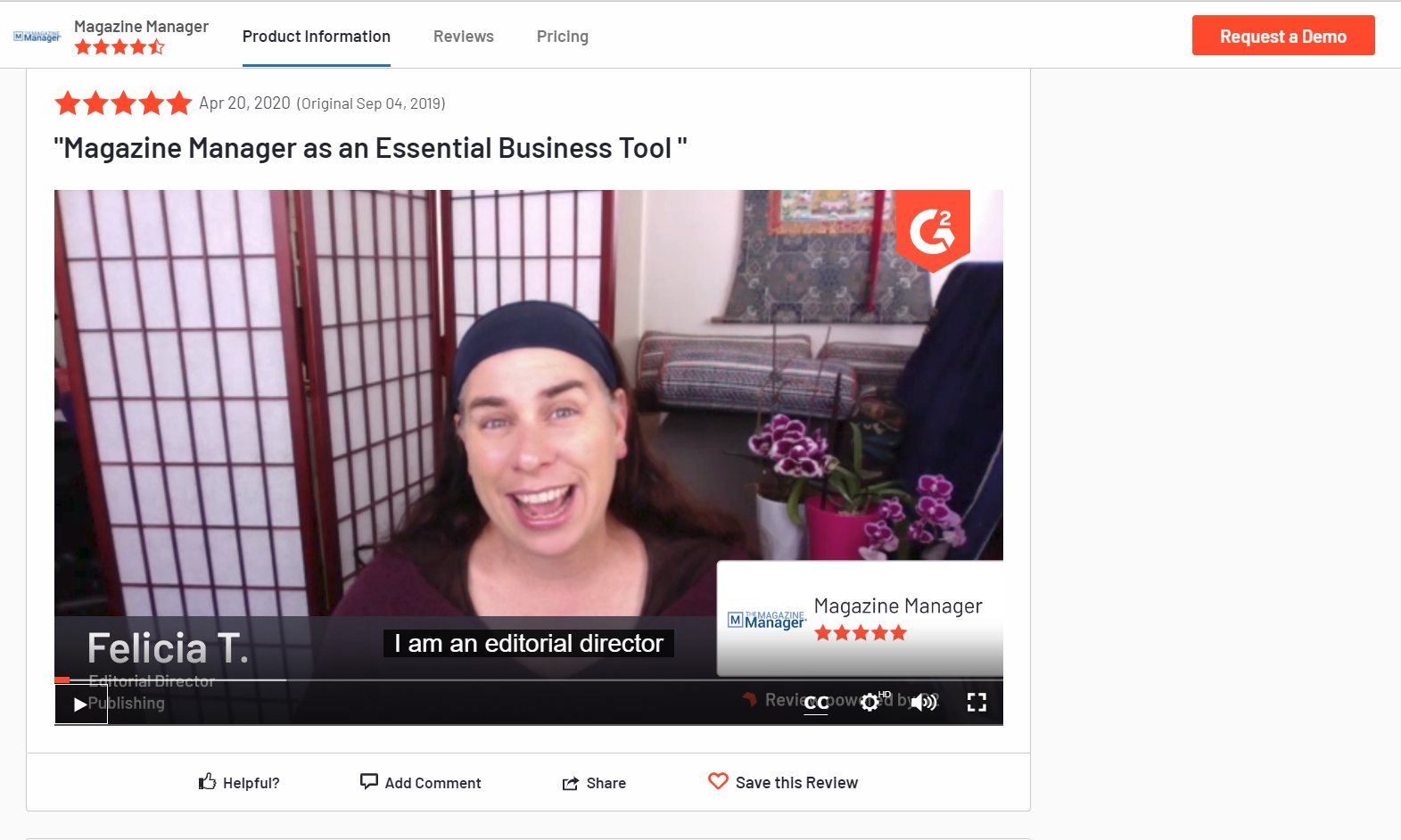A screenshot of The Magazine Manager reviews on G2, a software review website