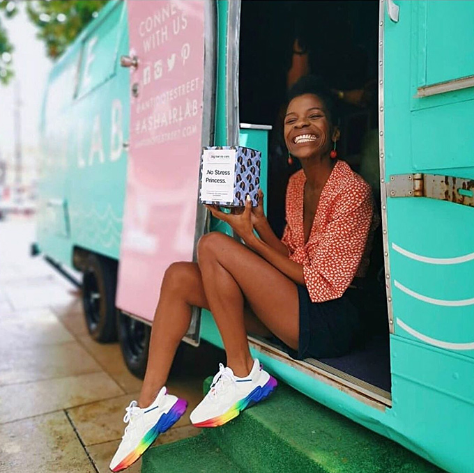 Blogger and entrepreneur Frédérique Harrel on the Antidote Street Hair Lab Tour Bus