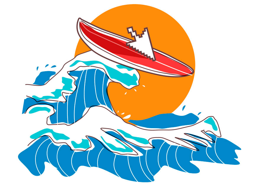 Surfar ou ser levado na onda digital: a escolha é sua. Na imagem, Um "cursor" de computador está em cima de uma prancha, surfando a onda.