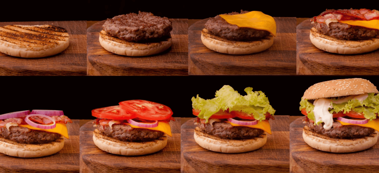 Etapas de hamburguer sendo preparado