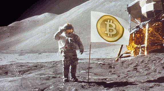 Astronauta com bandeira do Bitcoin na lua