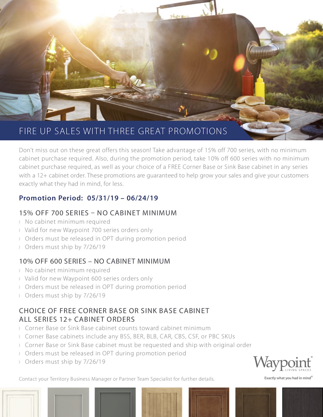 man grilling outside with information on June promotions