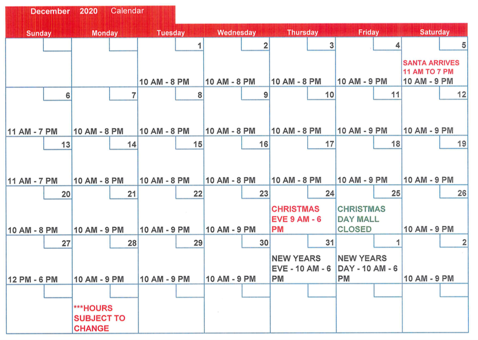 calendar of holiday hours for Indian River Mall
