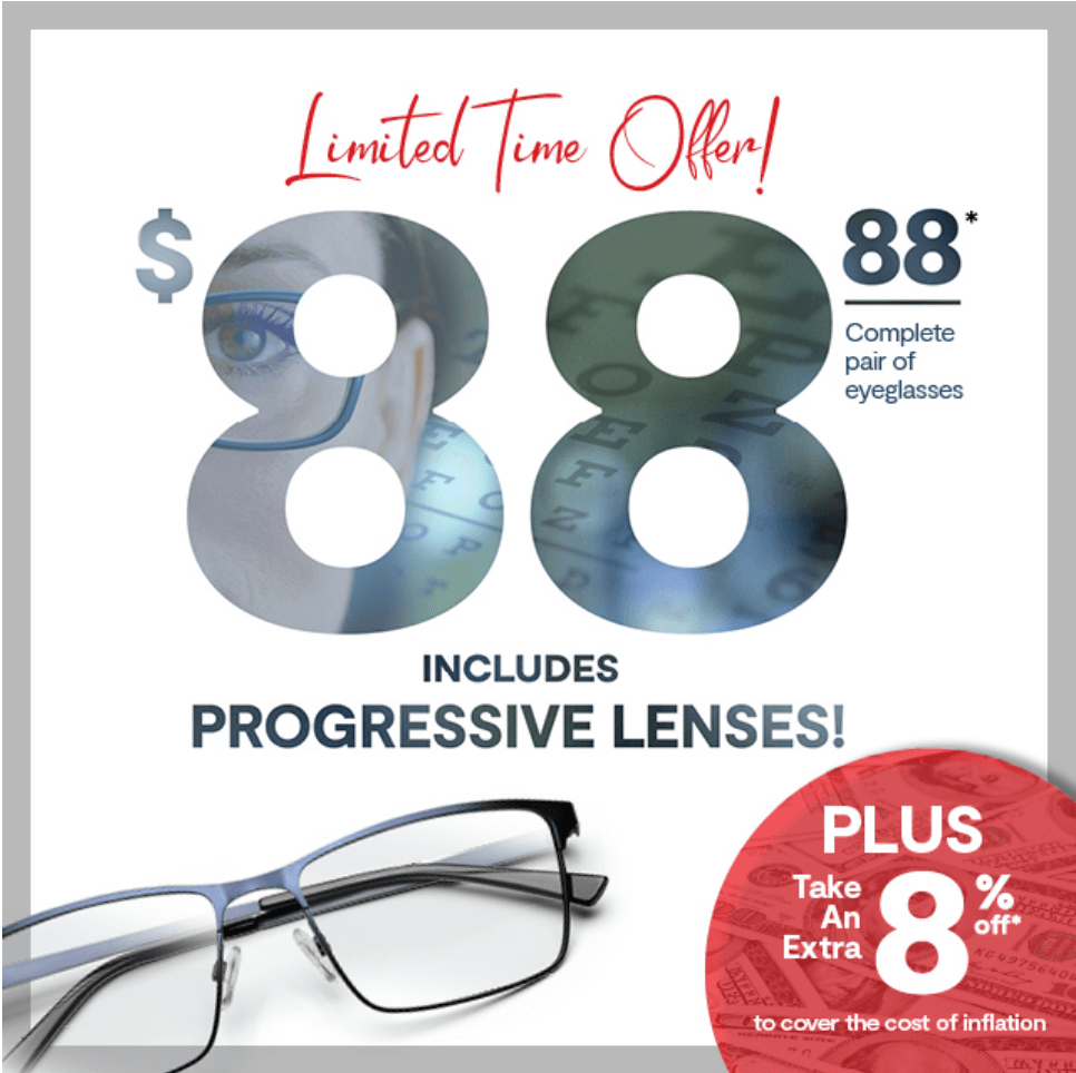 $88.88 Complete Pair Plus 8% off poster with a photo of a pair of eyeglasses