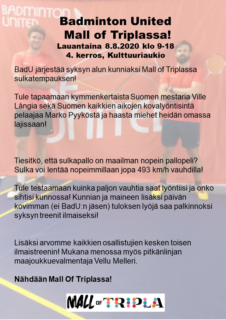 Tule tapaamaan meitä Mall of Triplaan lauantaina 09:00-18:00 välisenä aikana!