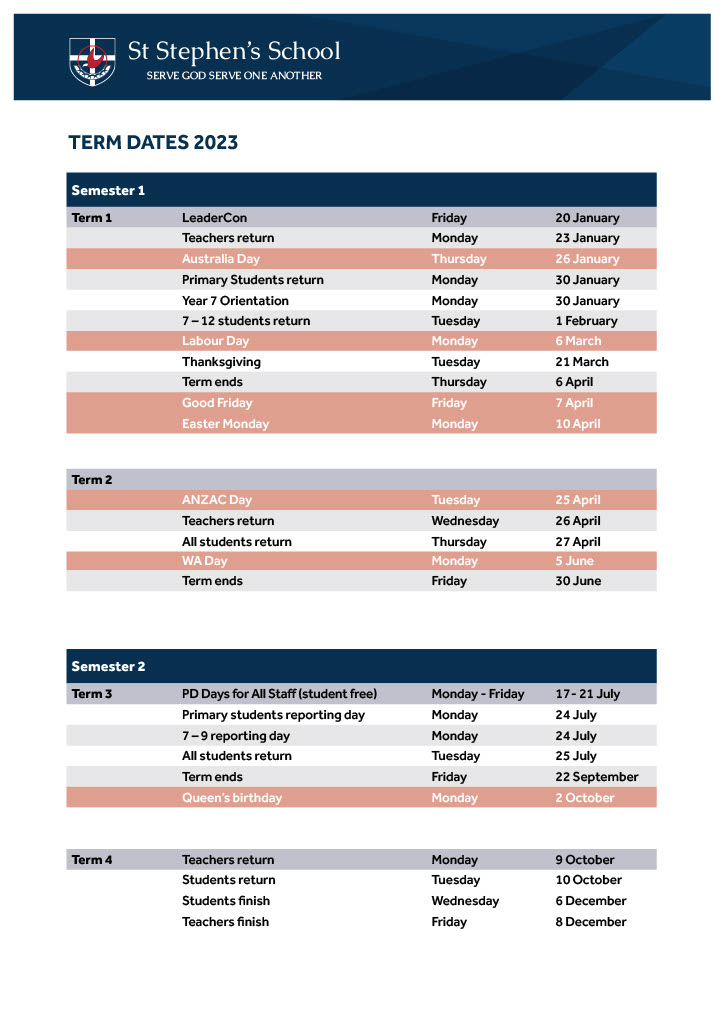 Calendrier Valrose 2023 Term Dates | St Stephen's School
