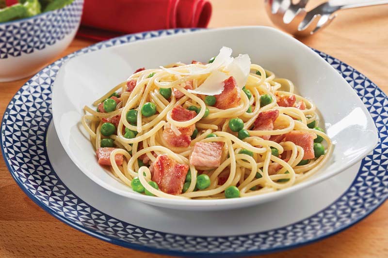 Spaghetti With Bacon, Peas And Lemon
