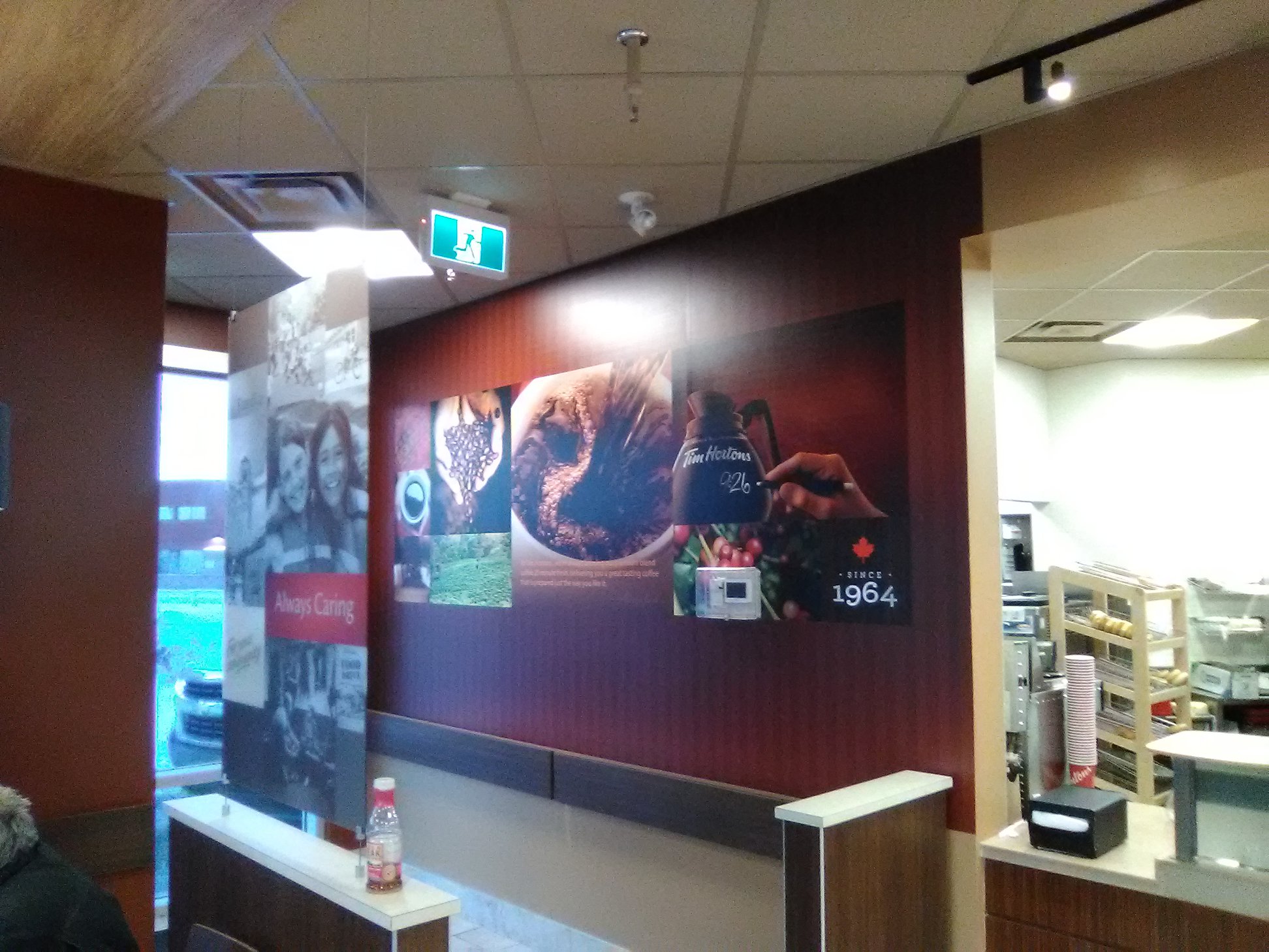 Time Hortons interior signage for downtown location.