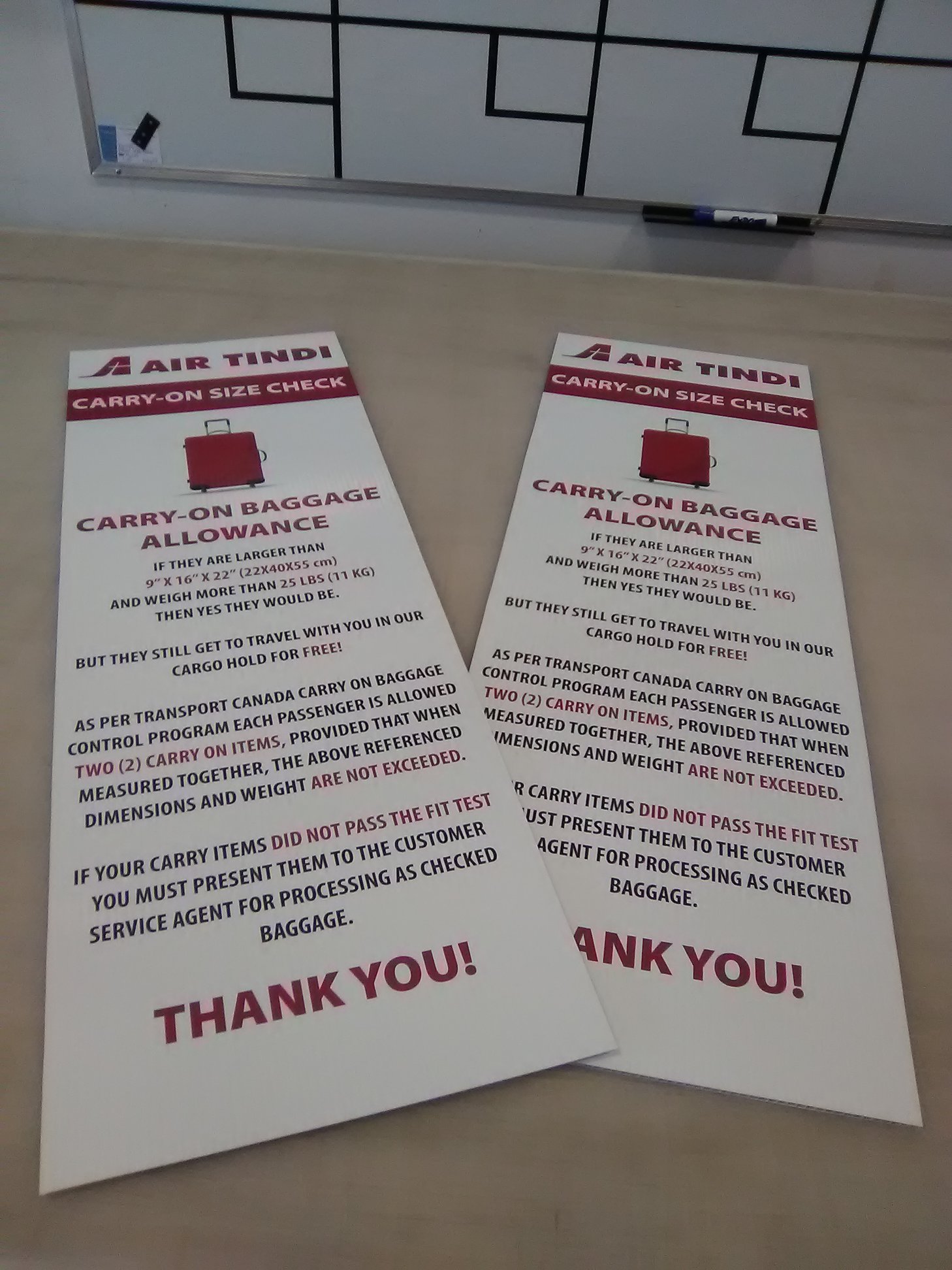 Interior signage for customers for Luggage Airport requirements