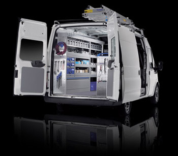 van with doors open and racking showing