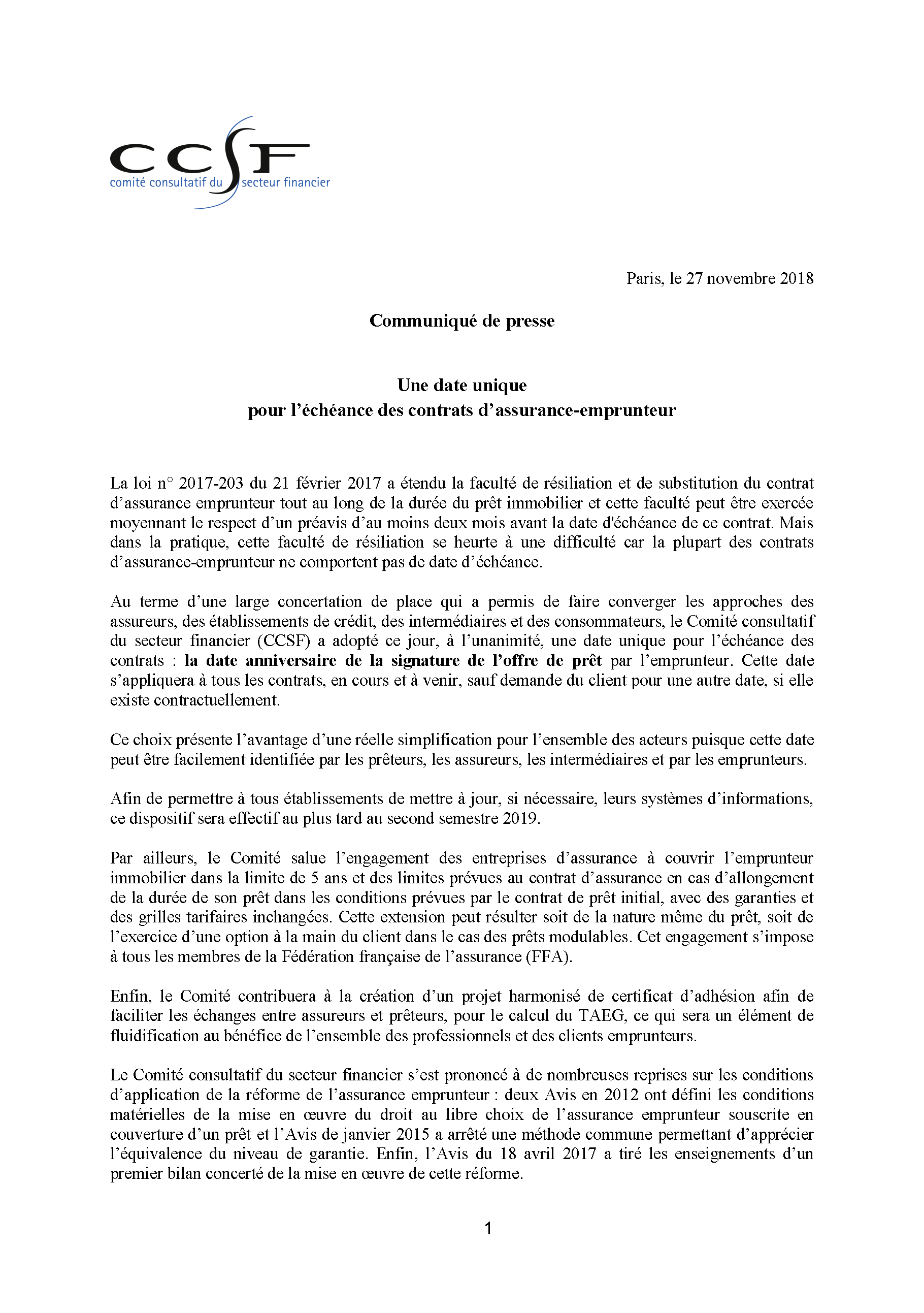 Communiqué de presse du Comité Consultatif du Secteur Financier 27 novembre 2018