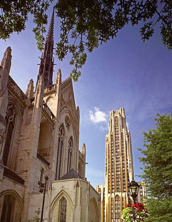 Exterior View from the North East: Heinz Memorial Chapel and the Cathedral of Learning
