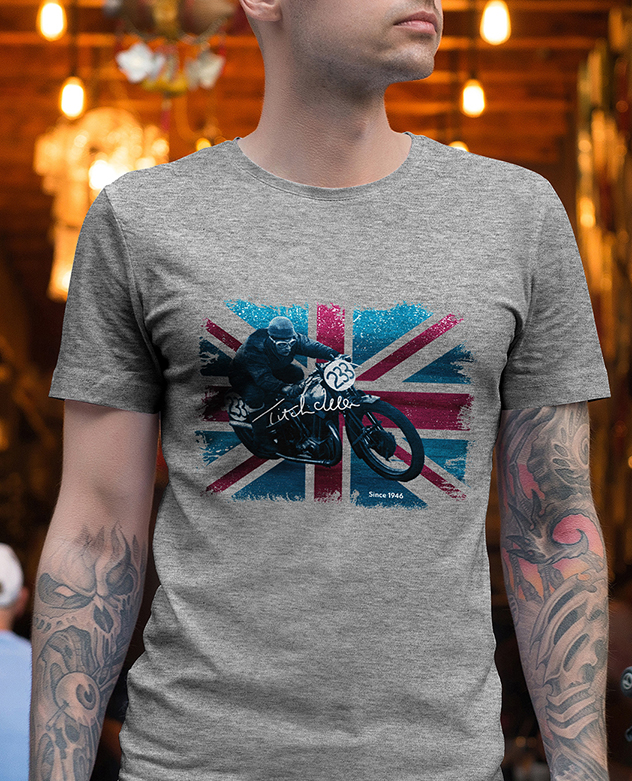 Man wearing Union Jack VMCC tshirt, printed with the club's founder riding a vintage motorcycle