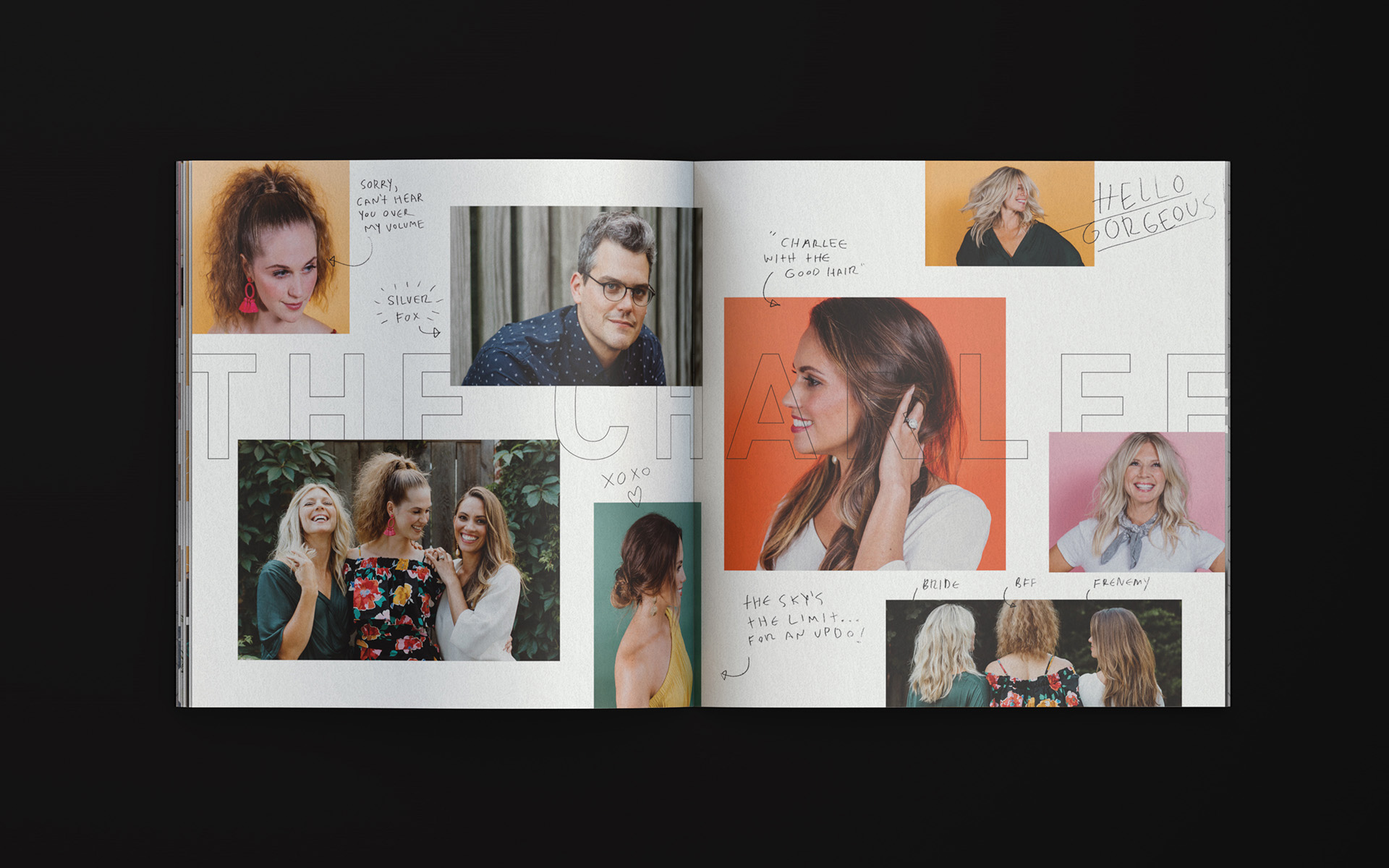 Inside spread of The Charlee salon's brochure featuring multiple images of attractive millennials with good hair
