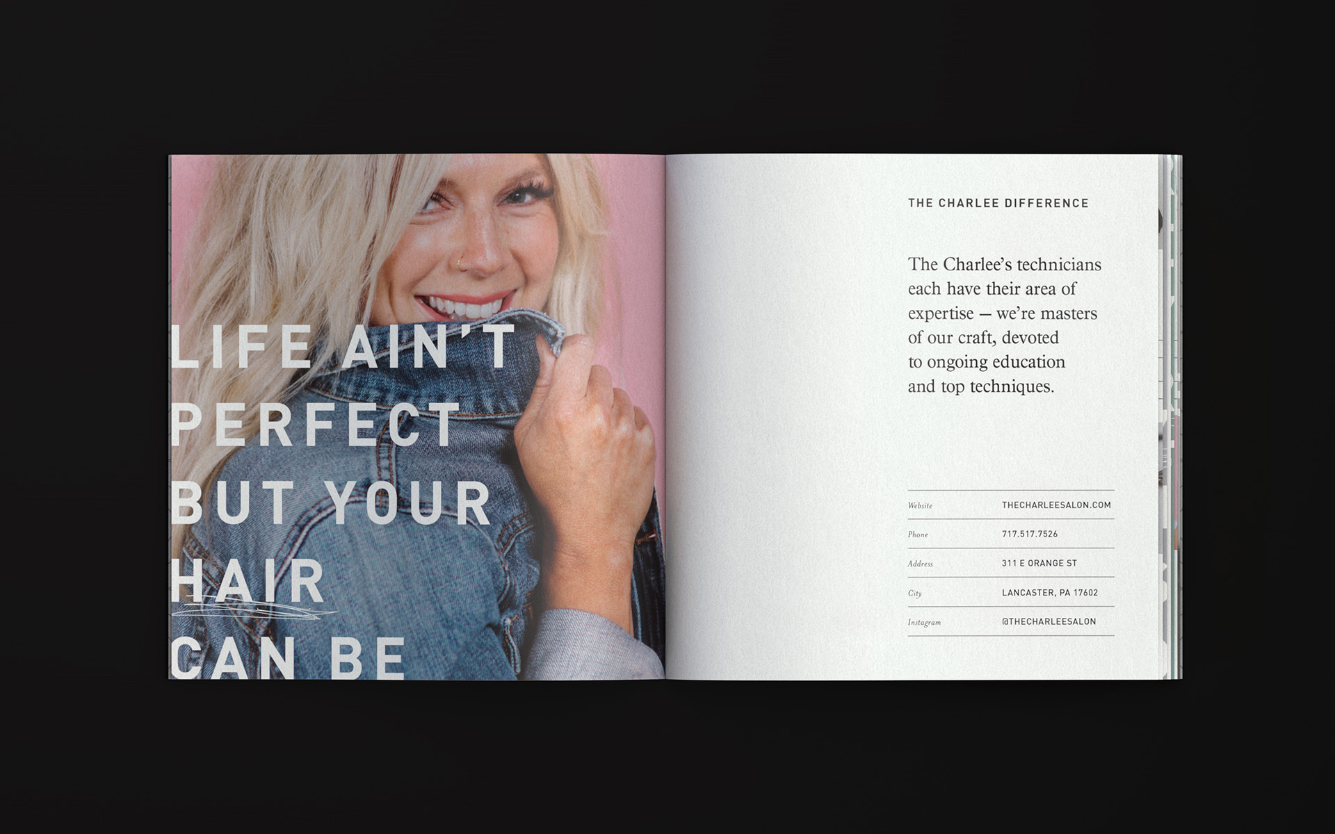 Inside spread of the salon's brochure featuring a coy blonde woman. Text reads "Life ain't perfect but your hair can be"