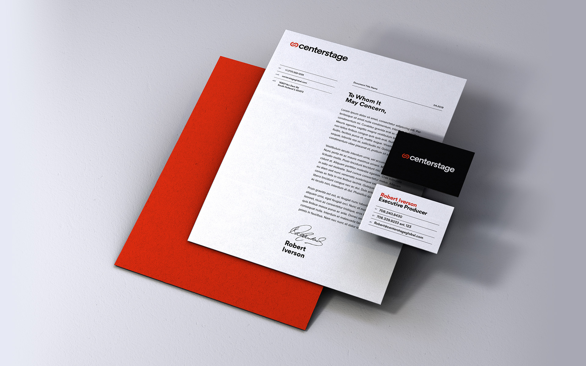 Centerstage collateral including business cards and letterhead design