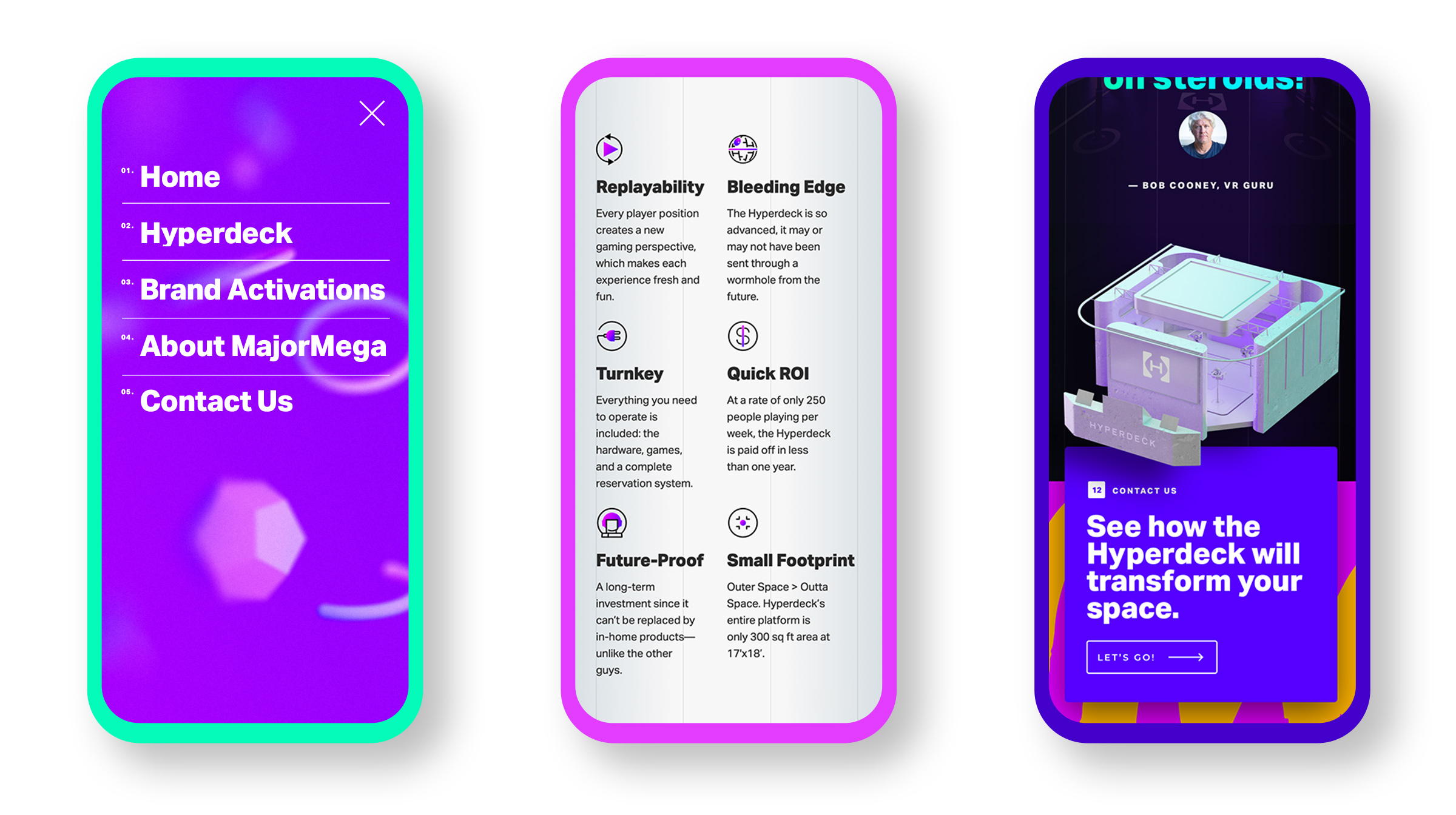 MajorMega website mocked up on 3 mobile devices