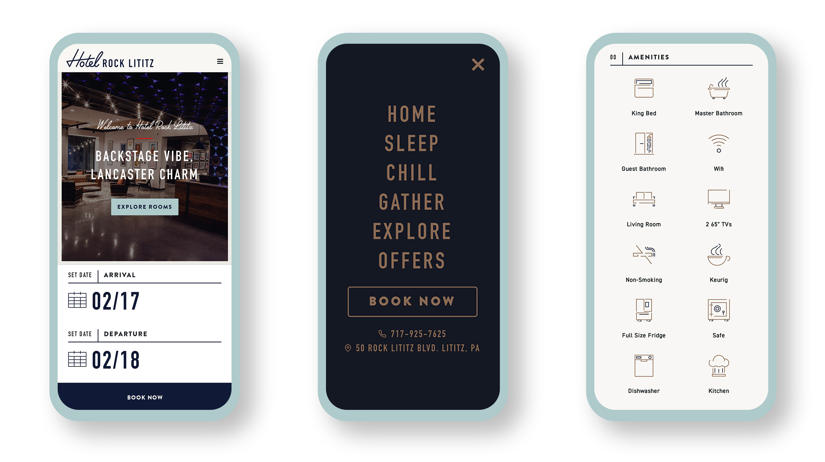 Hotel Rock Lititz website mocked up on 3 mobile devices