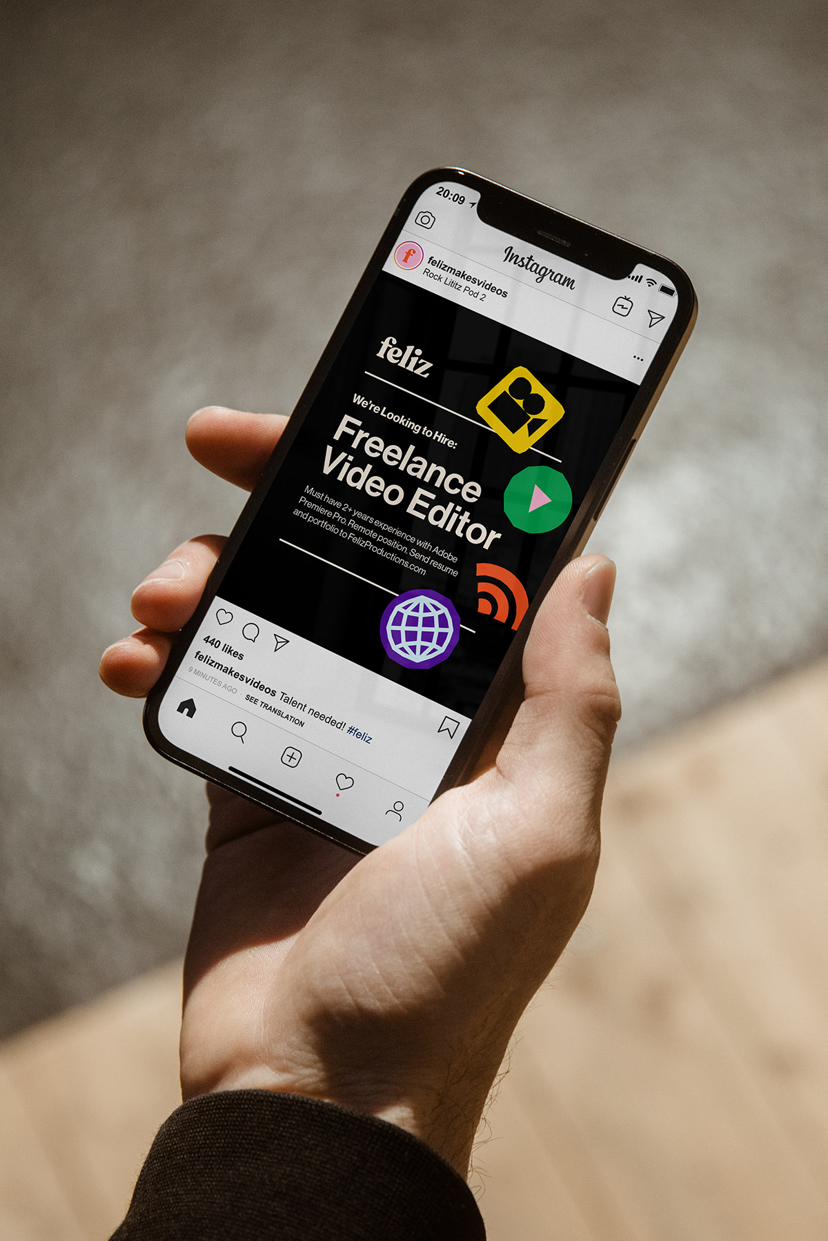 Feliz Productions branding mockup of a social media post
