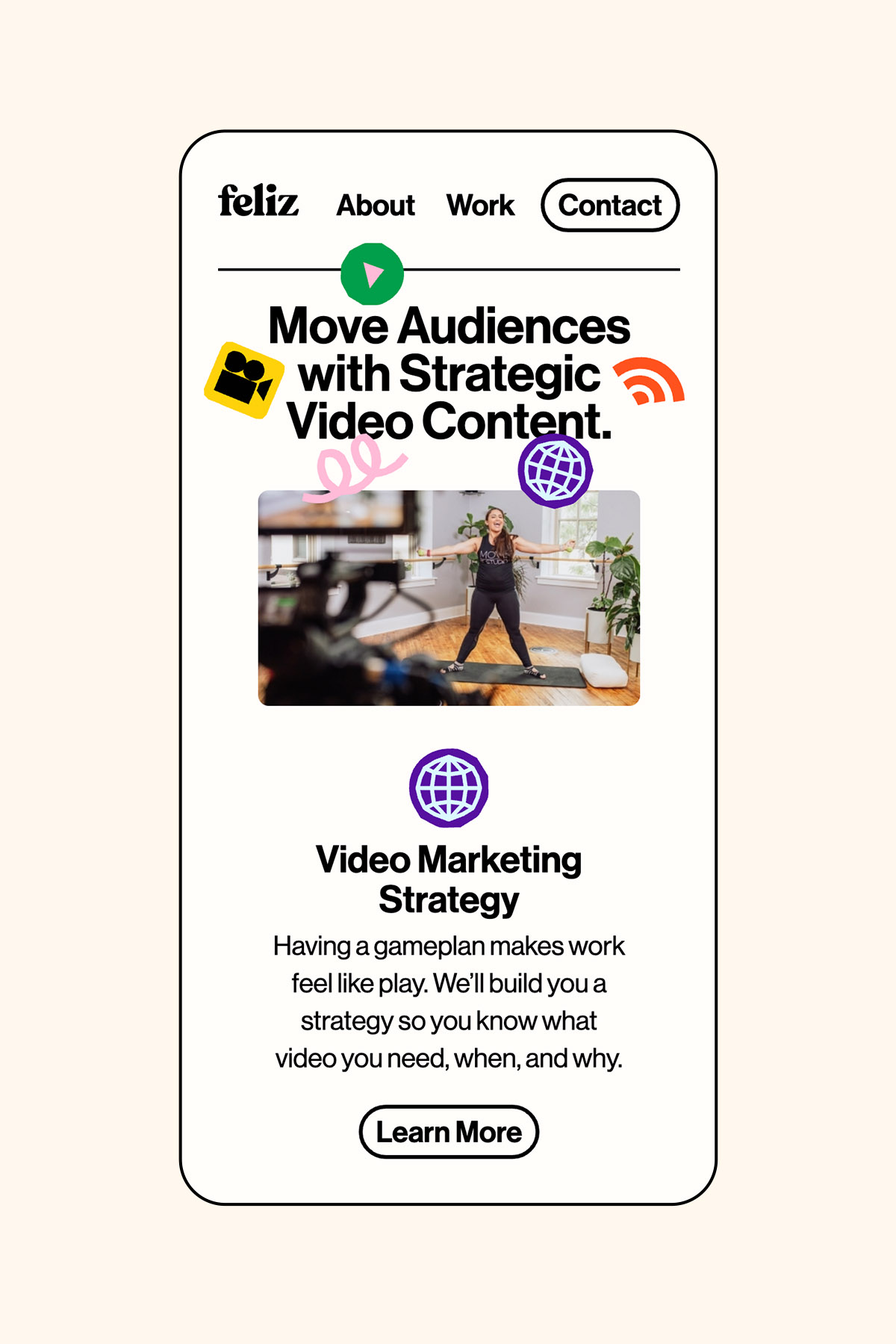 Feliz Productions branding mockup of homepage on mobile