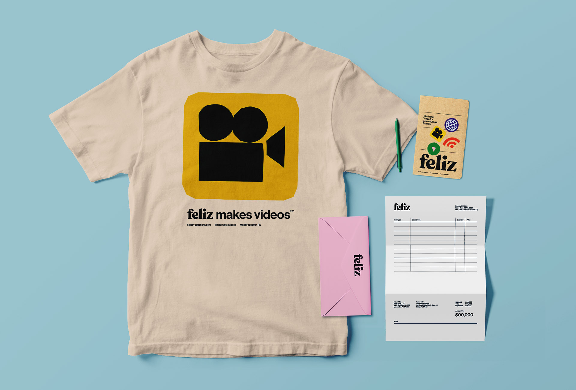 Feliz Productions branding mockup of T shirt