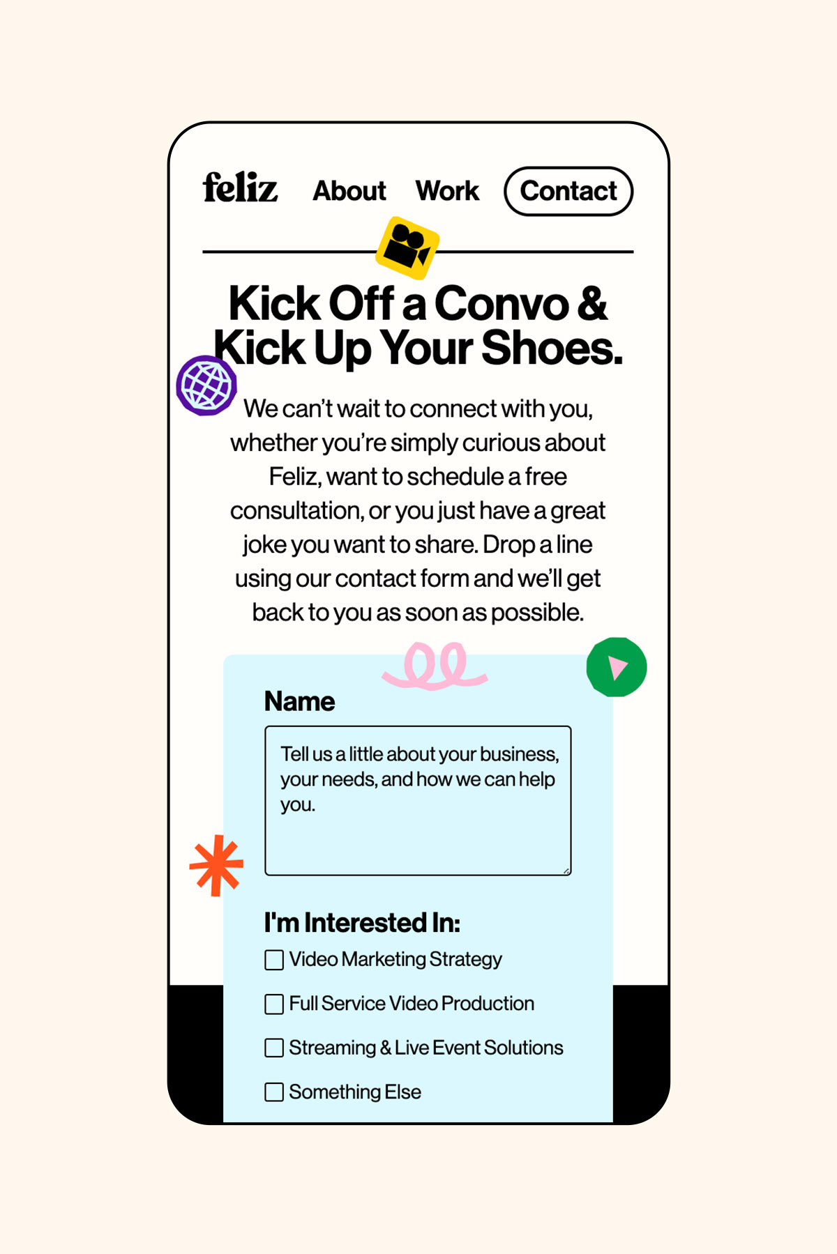 Feliz Productions branding mockup of contact page on mobile