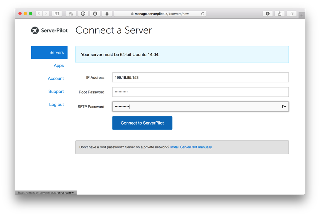 ServerPilot screen
