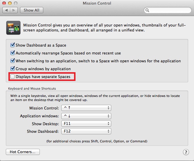 Mission Control Settings